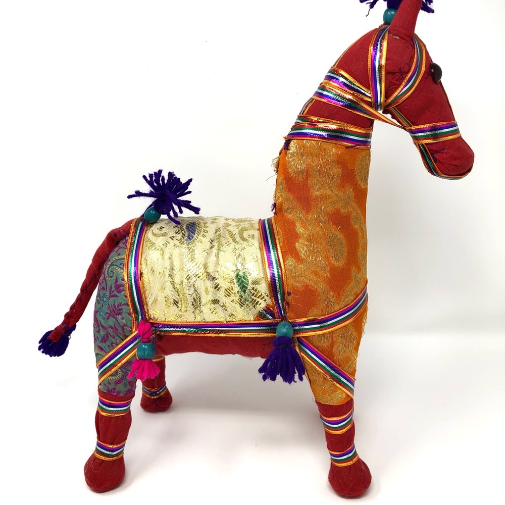 Vintage Banjara Folk Art India Embroidered Cloth w/ Beads Horse 13”